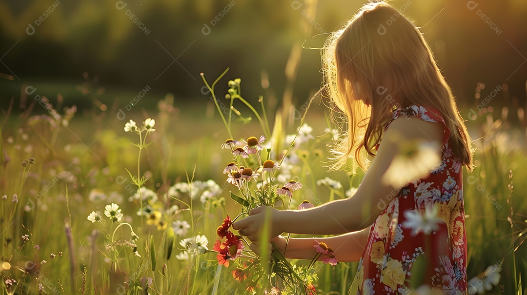 Uma jovem colhendo flores silvestres em um prado ensolarado