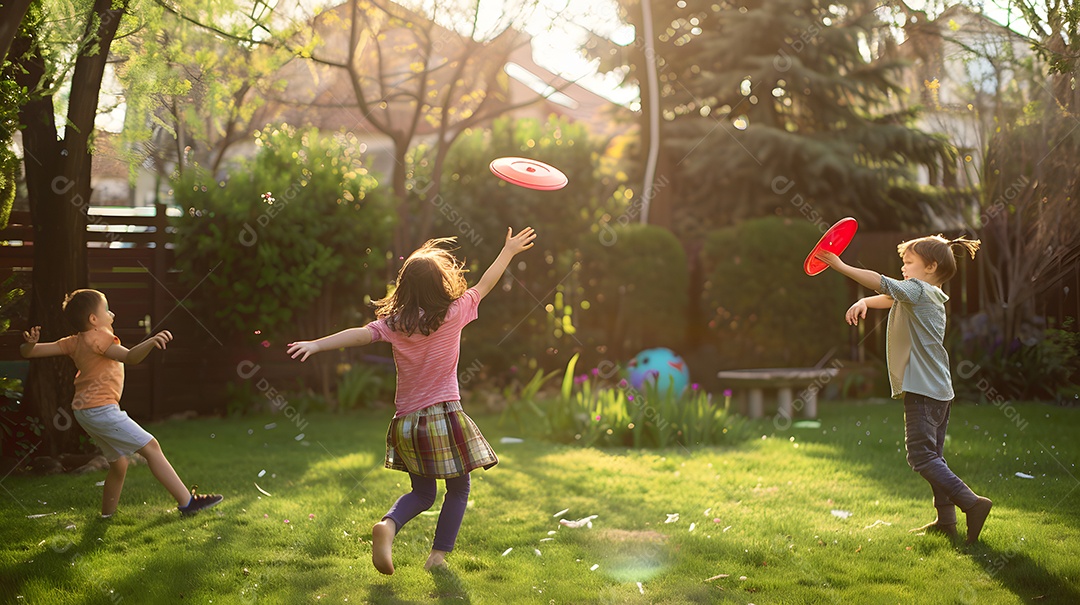 Três crianças brincando alegremente de frisbee em um quintal