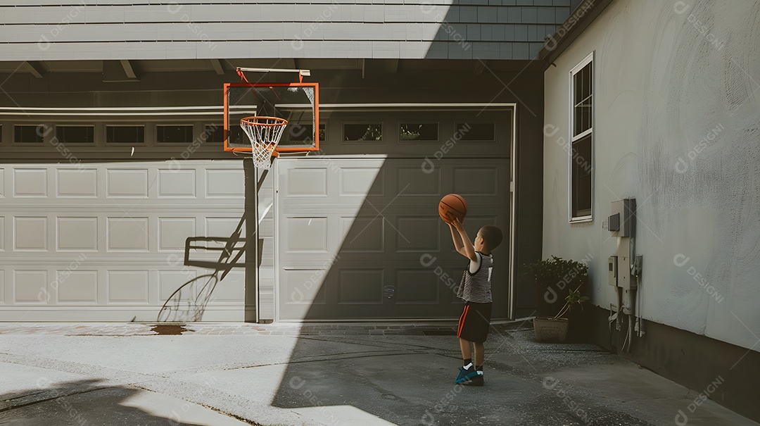 Um garotinho arremessando bola em cesta de basquete