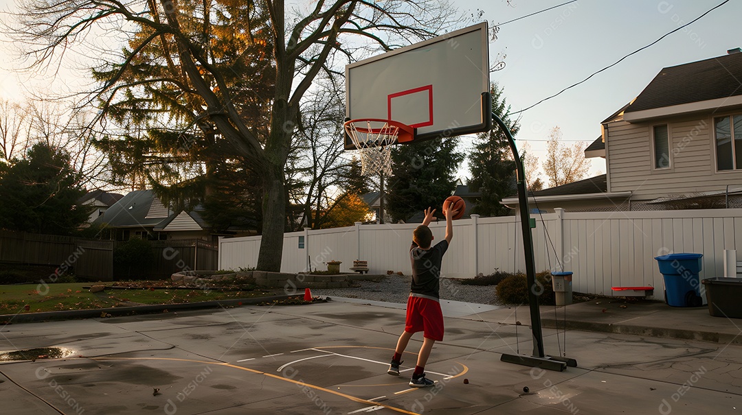 Menino praticando basquete em um aro na entrada de uma garagem
