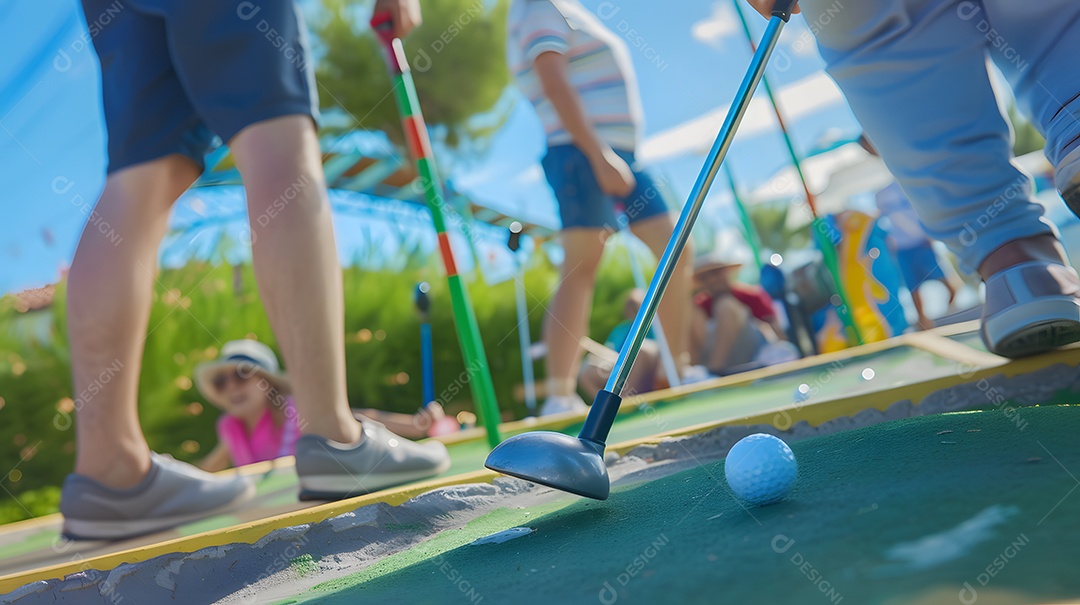 Um campo de minigolfe com famílias aproveitando a atividade