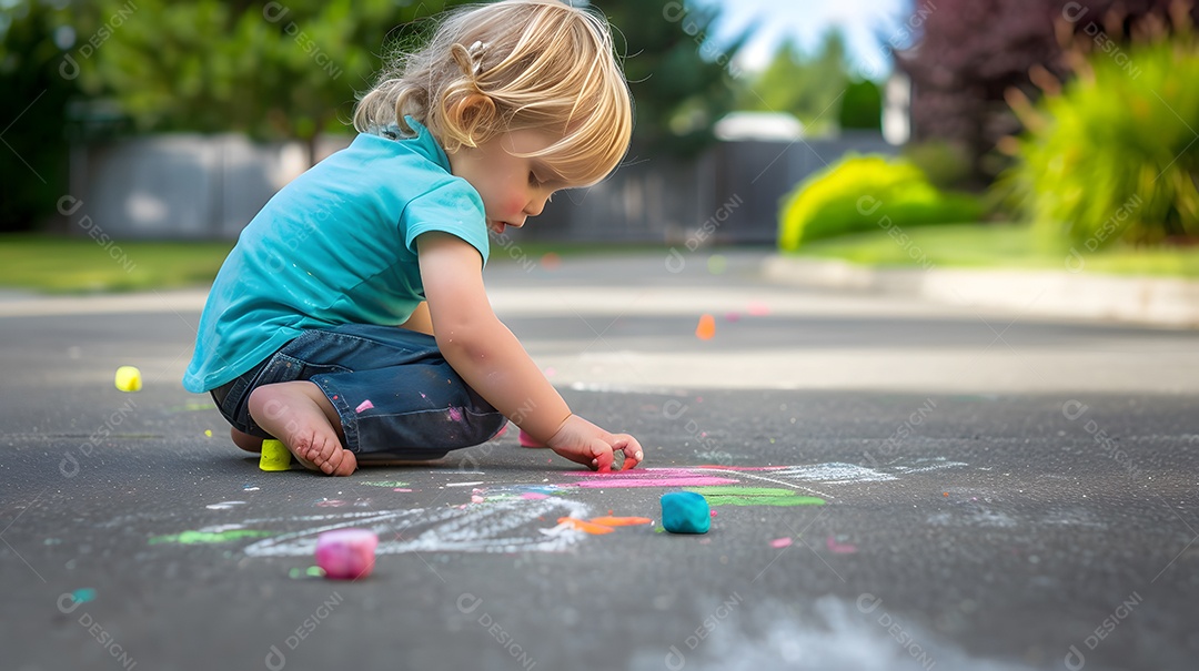 Um garotinho lindo com cabelo loiro desenhando arte com giz colorido
