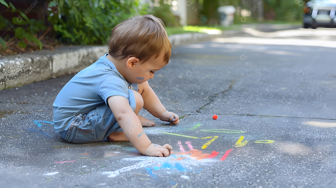 Um bebê vestido de azul gosta de desenhar com giz colorido na calçada