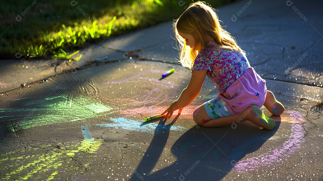 Uma linda garotinha aproveita um dia ensolarado desenhando giz colorido na calçada