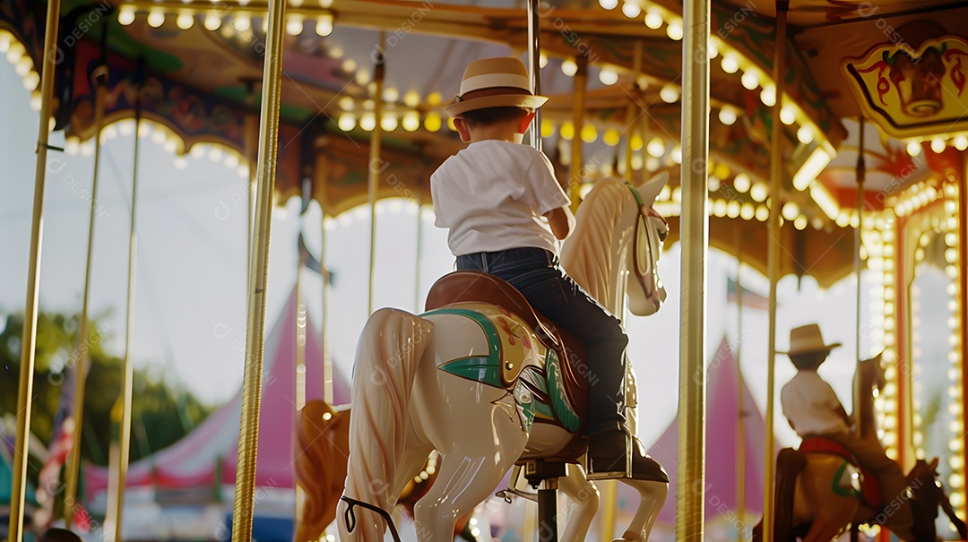 Menino de chapéu anda de carrossel