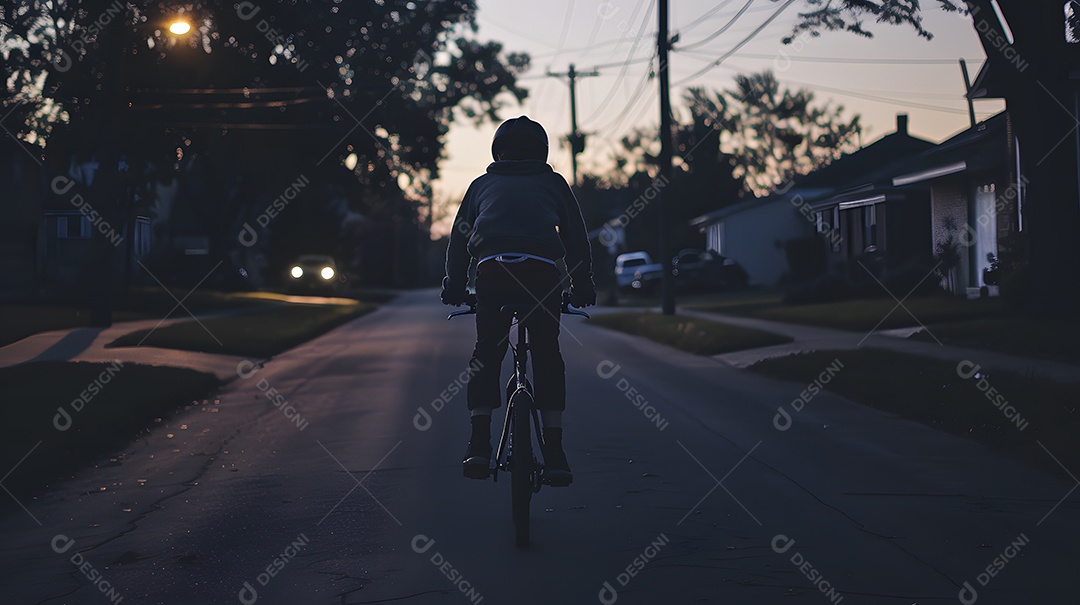 Uma criança andando de bicicleta por uma rua com pouca iluminação ao anoitecer
