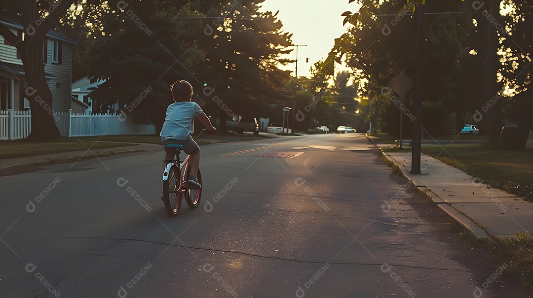 Um menino andando de bicicleta em uma rua ao entardecer