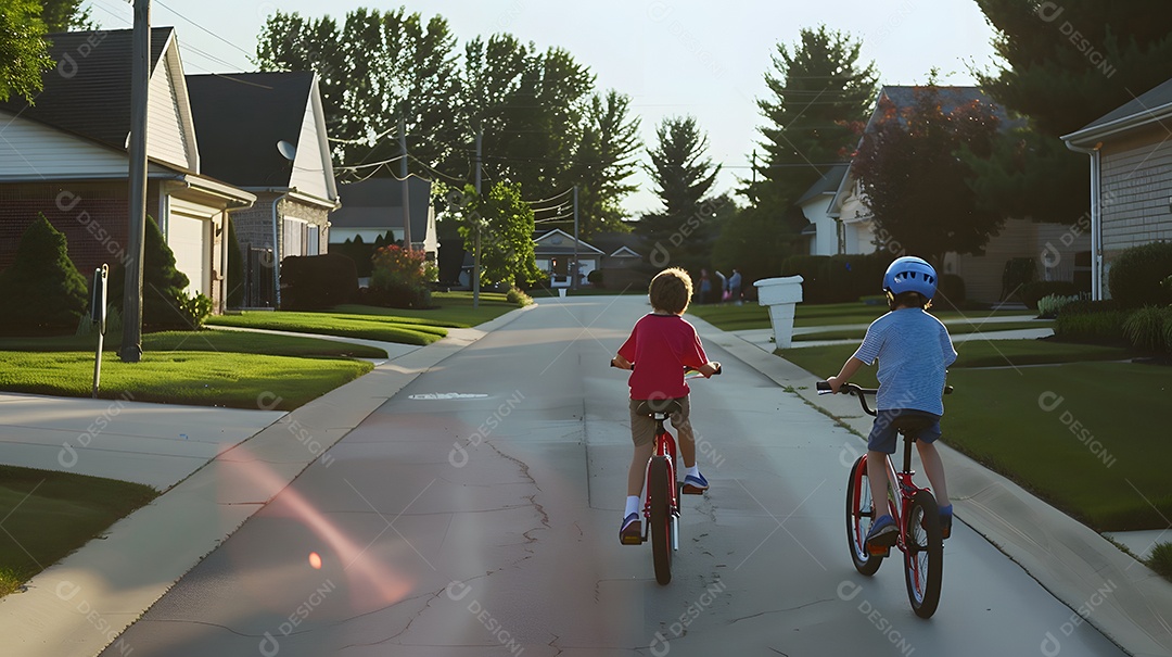 Dois meninos andando de bicicleta por uma rua