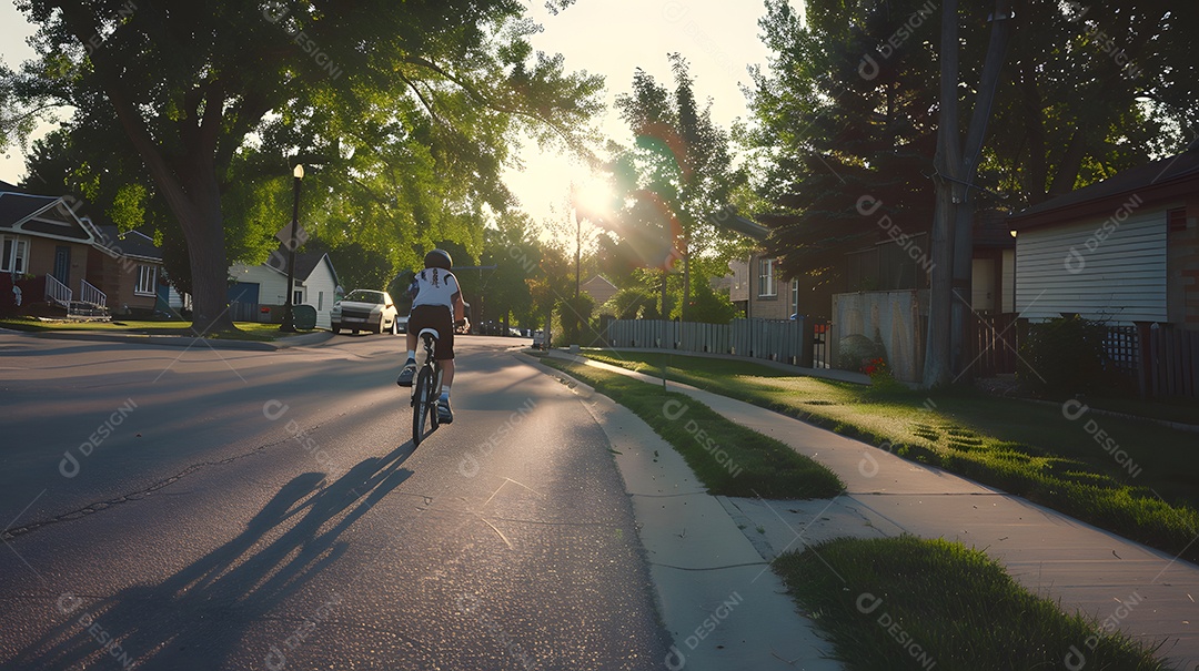 Ciclista silhueta andando por uma rua suburbana durante uma tarde ensolarada