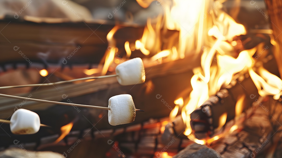 Fogueira e alguns espeto com marshmallow assando