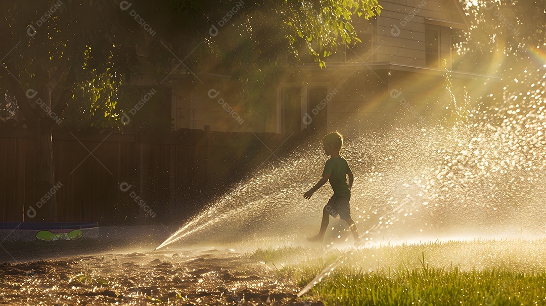 Uma criança brincando alegremente nos irrigadores do quintal durante um dia ensolarado