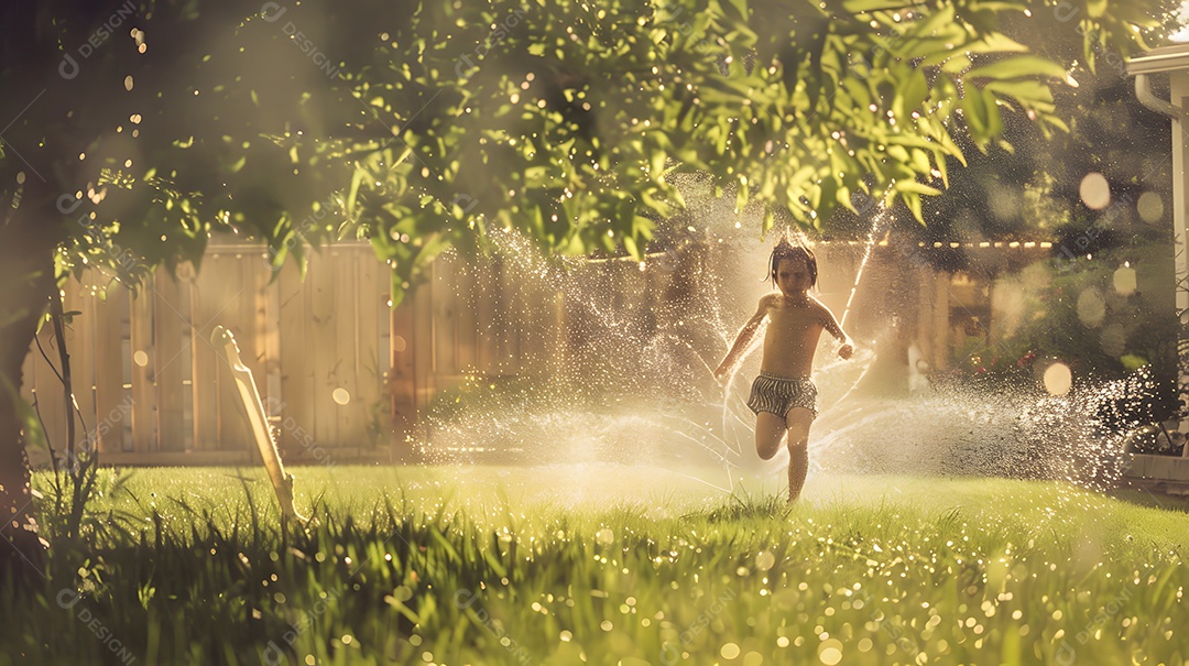 Um garoto brincando em um jardim irrigado sobre um dia ensolarado