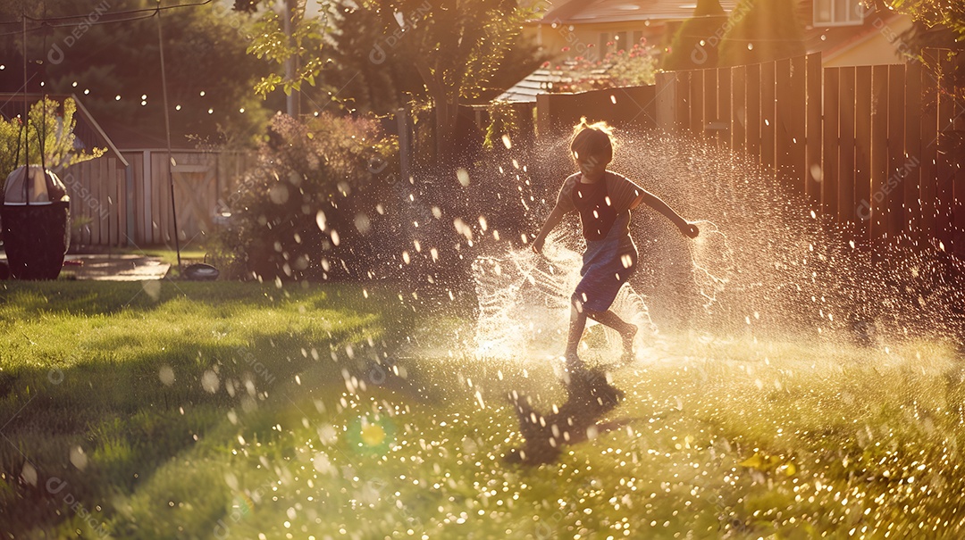 Um menino corre alegremente por um irrigador de jardim