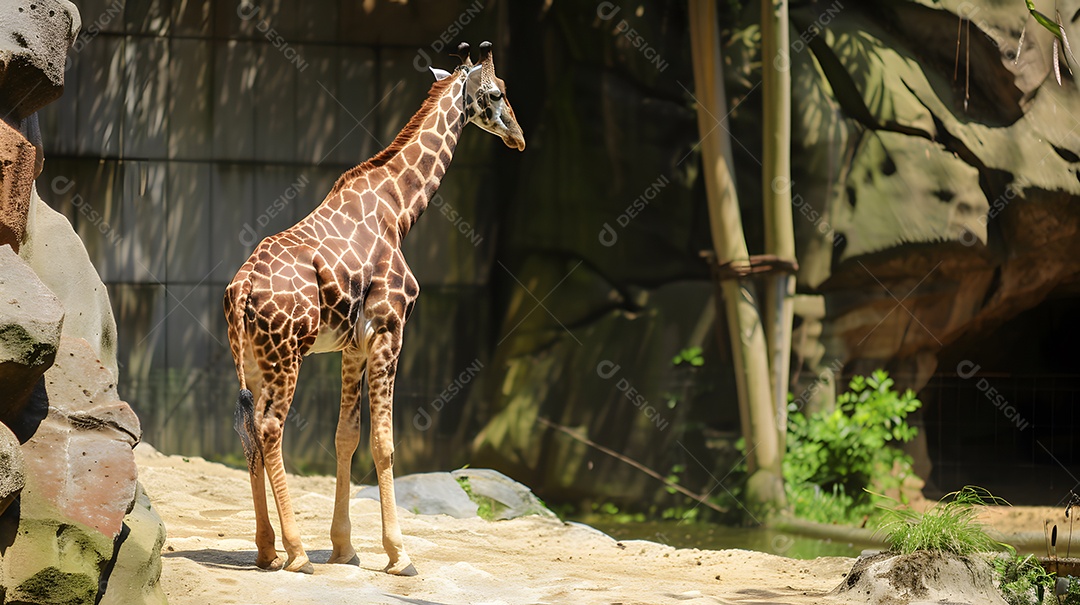 Uma jovem girafa se aquece ao sol enquanto está no recinto de um zoológico