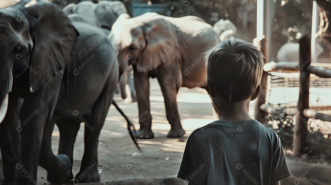 Um menino observa elefantes de perto em um zoológico