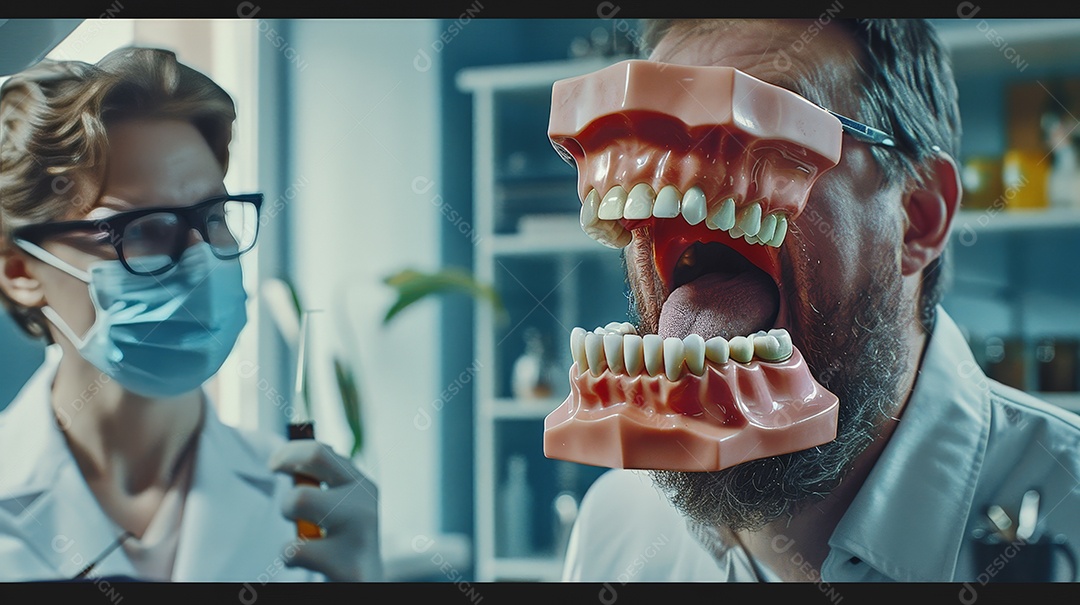 Dentaduras estilizadas de um consultório odontológico na bancada