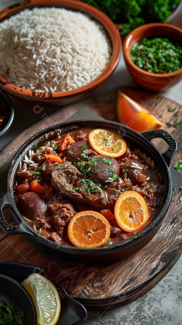 Panela de feijoada deliciosa e tigela de arroz sobre uma mesa com mais guarnições