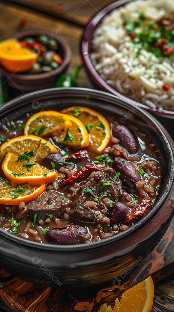 Feijoada deliciosa com arroz de fundo