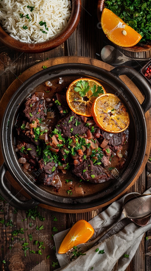 Feijoada arroz e laranjas cortadas