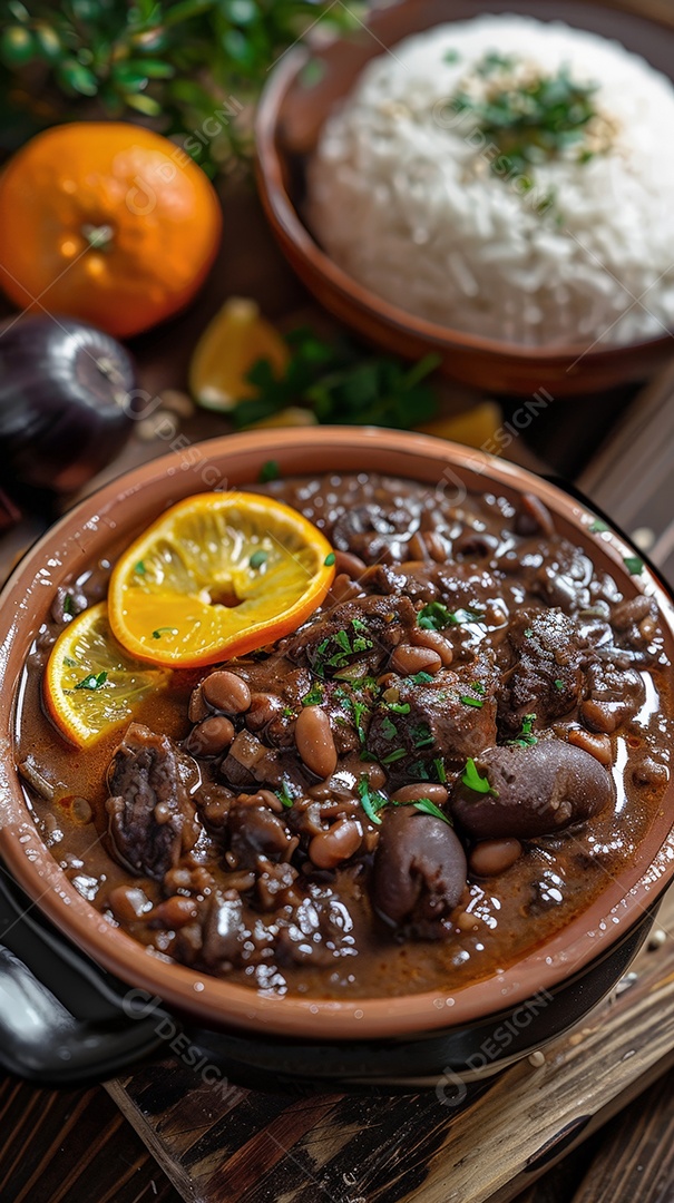 Feijoada tigela com arroz e laranjas