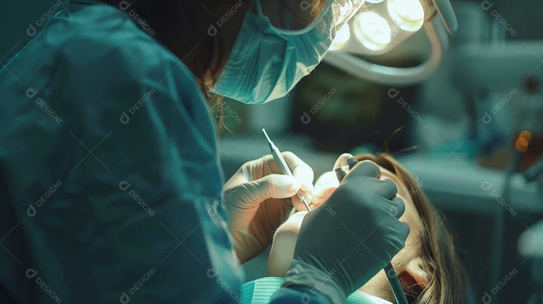 Dentista fazendo limpeza dentária em paciente