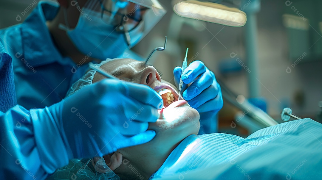 Dentista fazendo limpeza odontálgica
