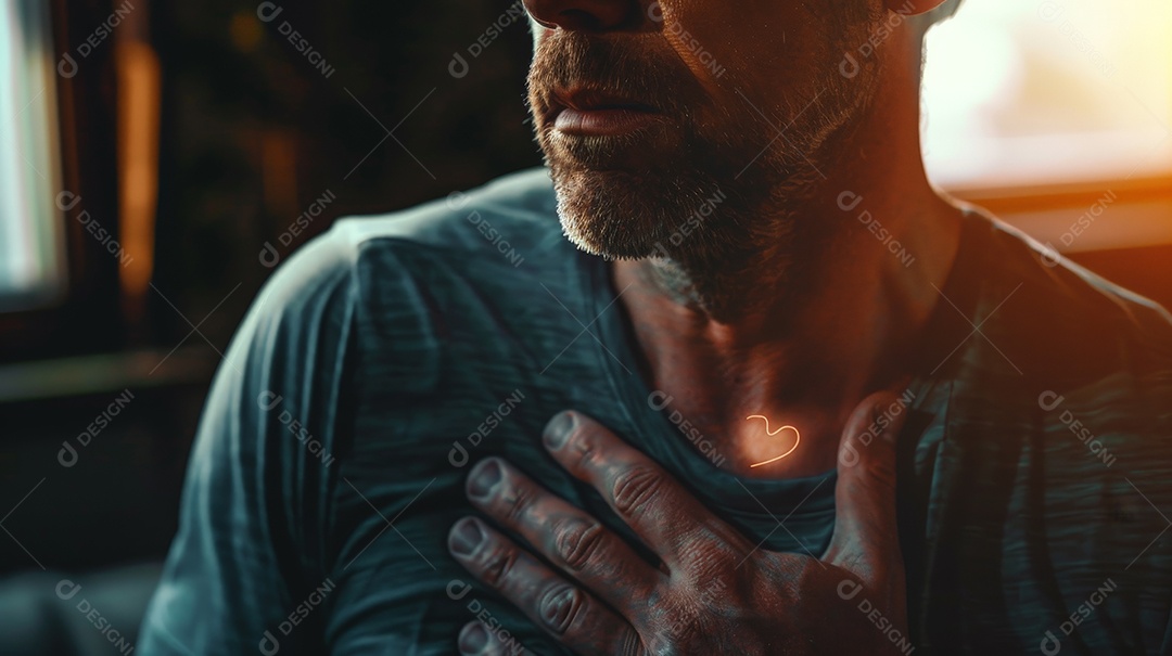 Homem com mão no peito sentindo dor