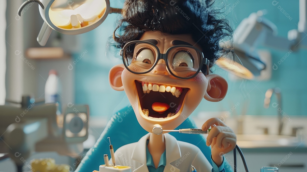 Personagem de desenho animado dentista fazendo limpeza dentária