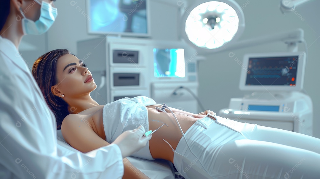 Mulher em clinica para fazer lipoaspiração abdominal na sala de cirurgia com médico