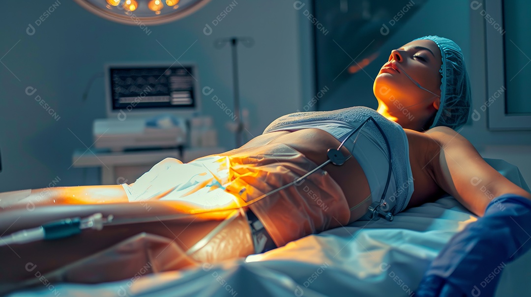 Mulher submetida a cirurgia de lipoaspiração abdominal na sala de cirurgia com médico