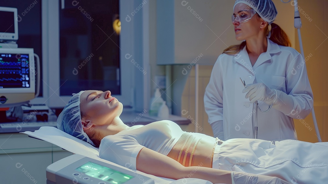 Mulher submetida a cirurgia de lipoaspiração abdominal na sala de cirurgia com médico