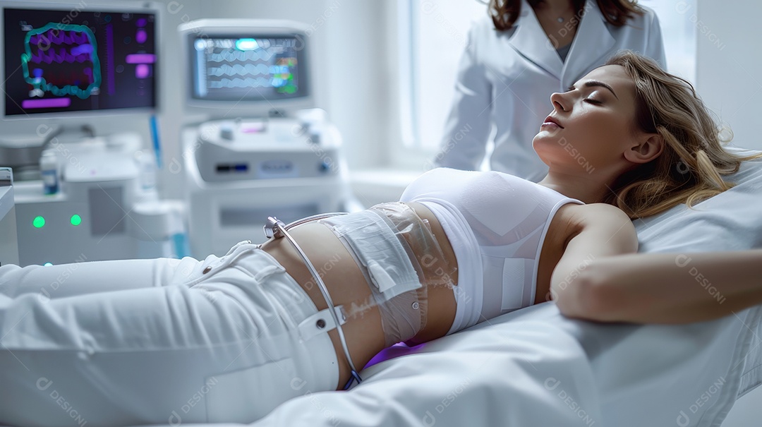 Mulher submetida a cirurgia de lipoaspiração abdominal na sala de cirurgia com médico