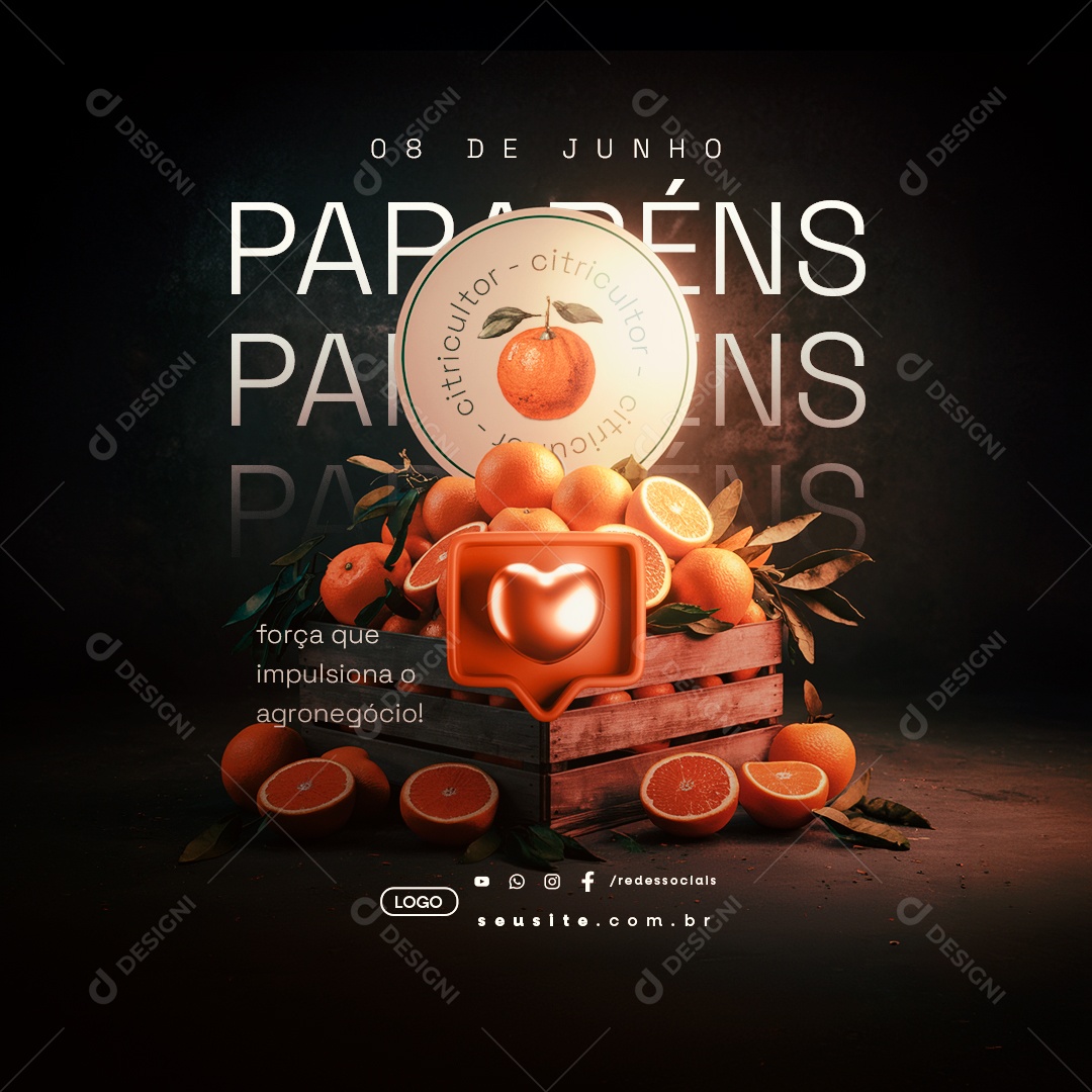 Dia do Citricultor 08 De Junho Parabéns Social Media PSD Editável