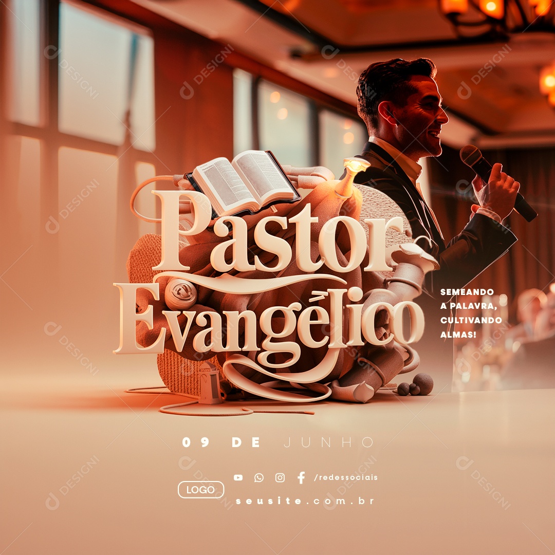 Dia do Pastor Evangélico 09 de Junho Semeando a Palavra Social Media PSD Editável