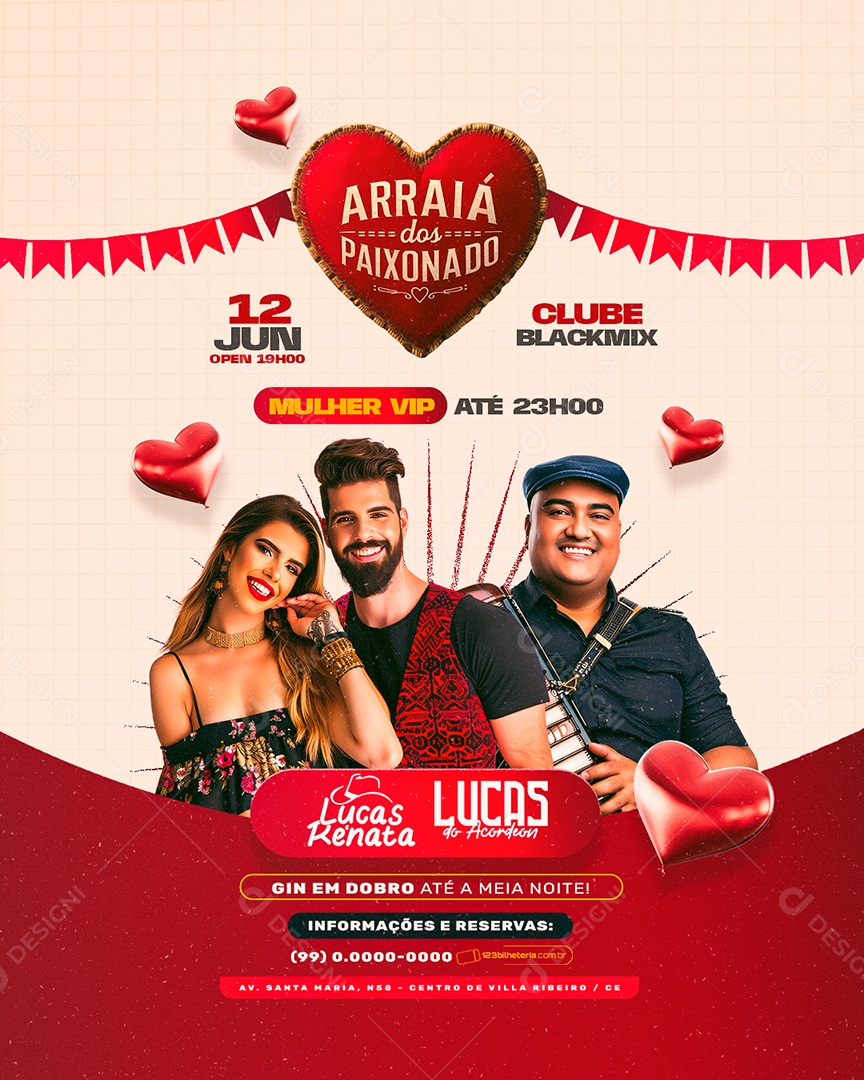 Flyer Arraiá dos Apaixonados Lucas e Renata Lucas do Acordeon Social Media PSD Editável