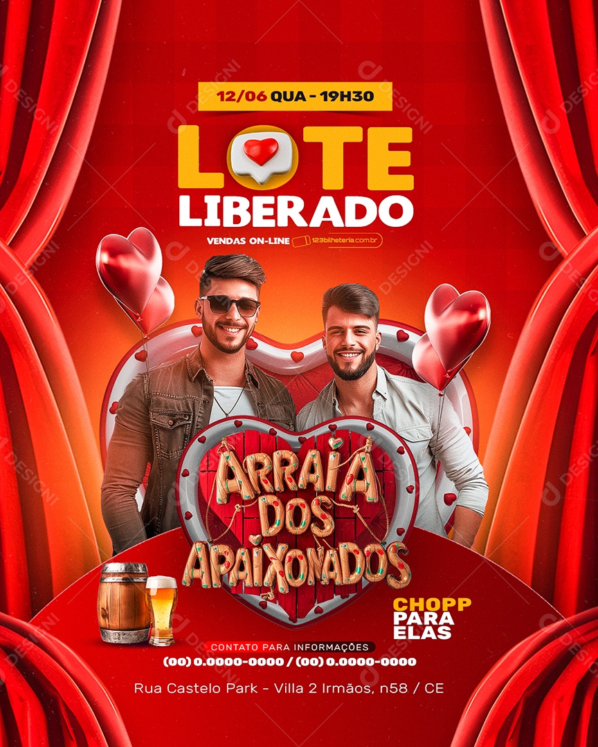 Flyer Arraiá dos Apaixonados Lote Liberado Social Media PSD Editável