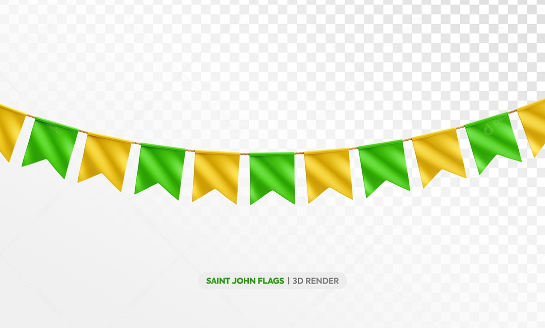 Bandeirolas de São João Elemento 3D Verde e Amarelo para Composição PSD