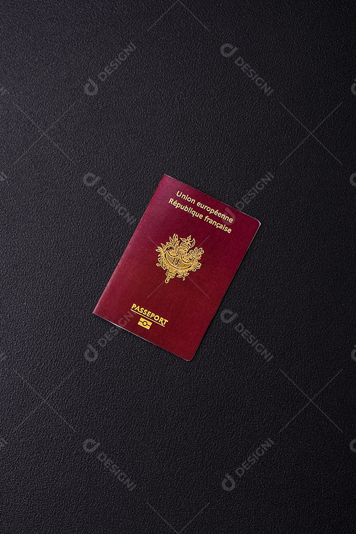 Passaporte da República da França, passagens aéreas e dinheiro sobre um fundo escuro de concreto. Antecedentes conceituais sobre o tema turismo e viagens