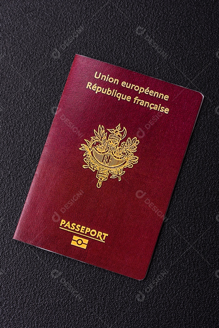 Passaporte da República da França, passagens aéreas e dinheiro sobre um fundo escuro de concreto. Antecedentes conceituais sobre o tema turismo e viagens