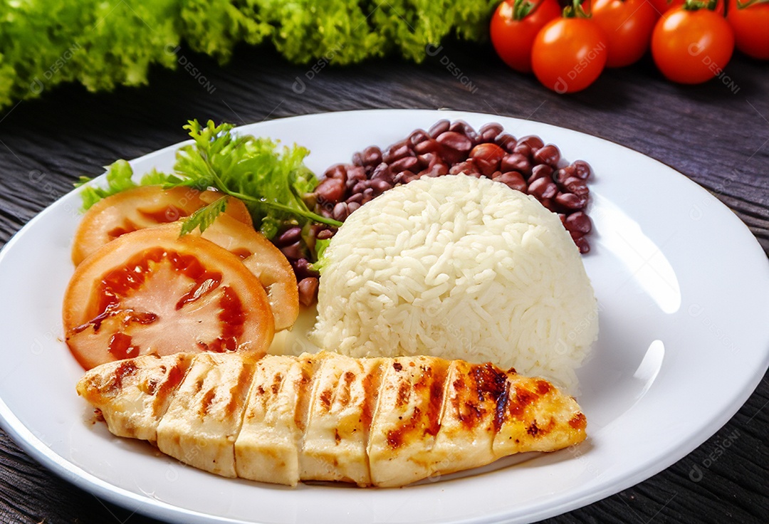 Comida arroz feijão com frango e salada