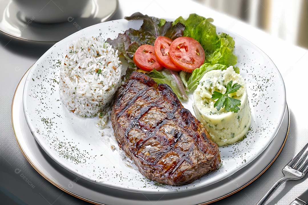 Bife de carne com batatas e arroz em fundo branco isolado