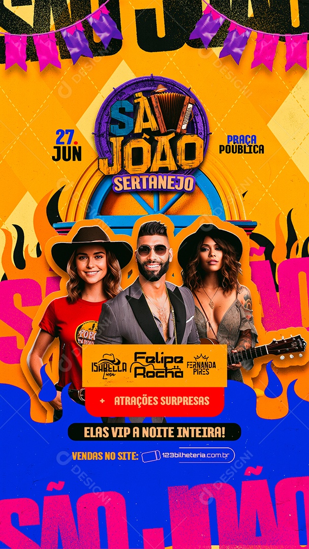 Story Flyer São João Sertanejo Isabella Lima Felipe Rocha Fernanda Pires Social Media PSD Editável