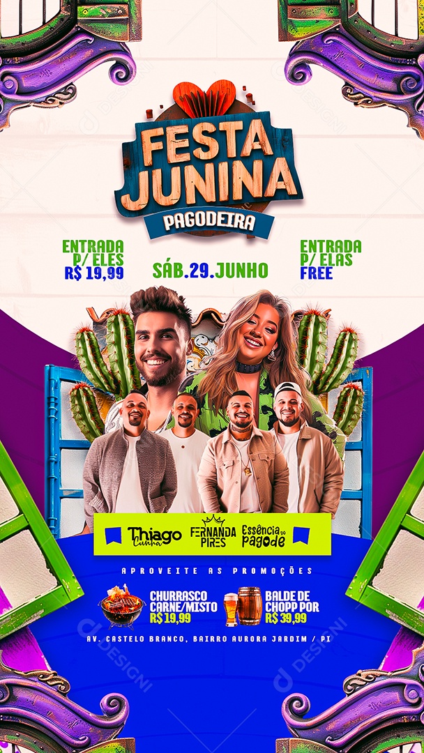 Story Flyer Festa Junina Pagodeira Thiago Cunha Fernanda Pires Essência do Pagode Social Media PSD Editável