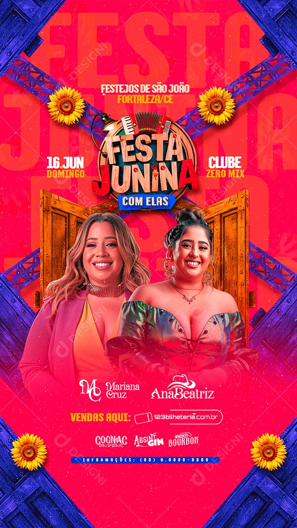 Story Flyer Festa Junina com Elas Mariana Cruz Ana Beatriz Social Media PSD Editável