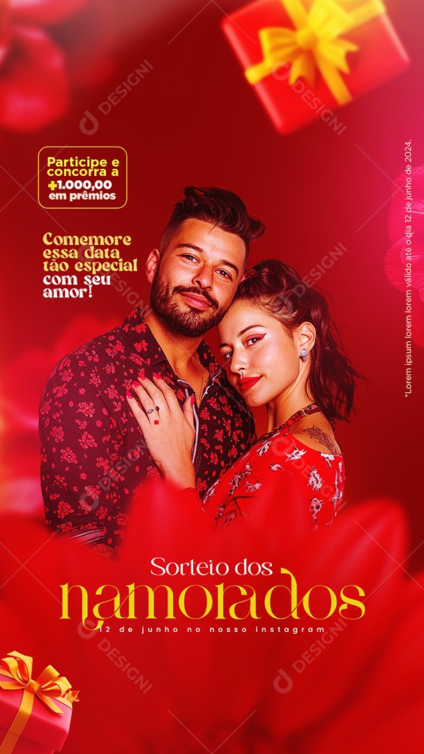 Story Sorteio dos Namorados Comemore essa Data tão Especial Social Media PSD Editável