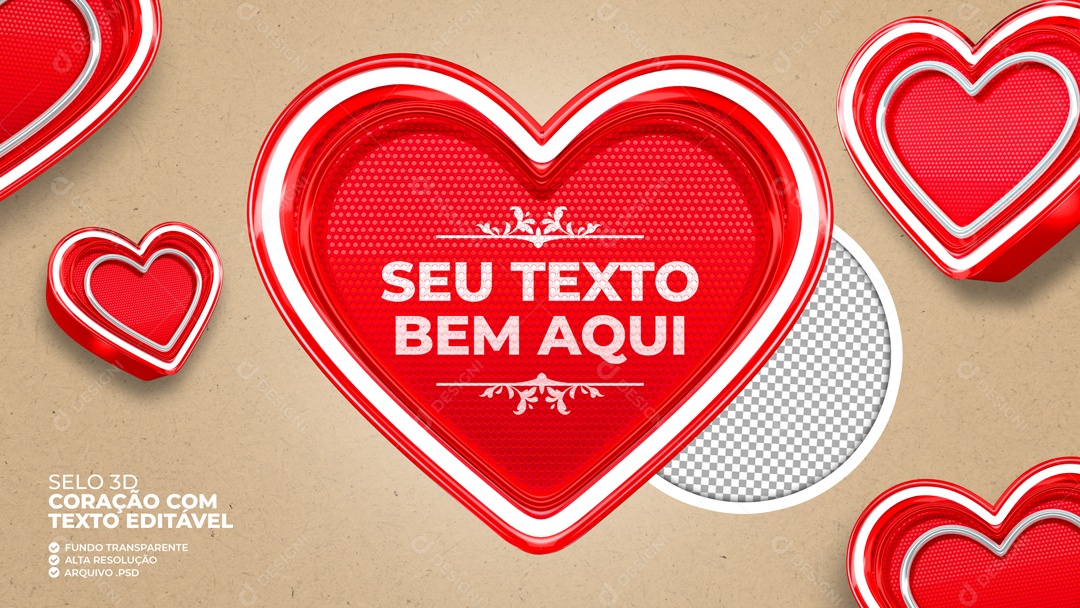 Coração com Texto Selo 3D para Composição PSD
