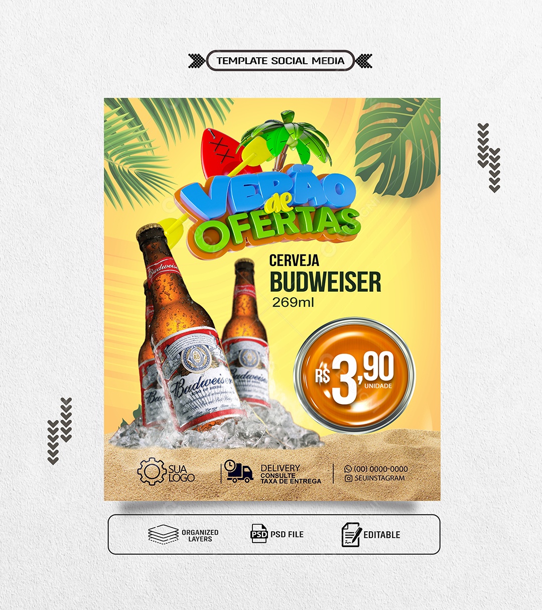 Verão de Ofertas Cerveja Budweiser Social Media PSD Editável
