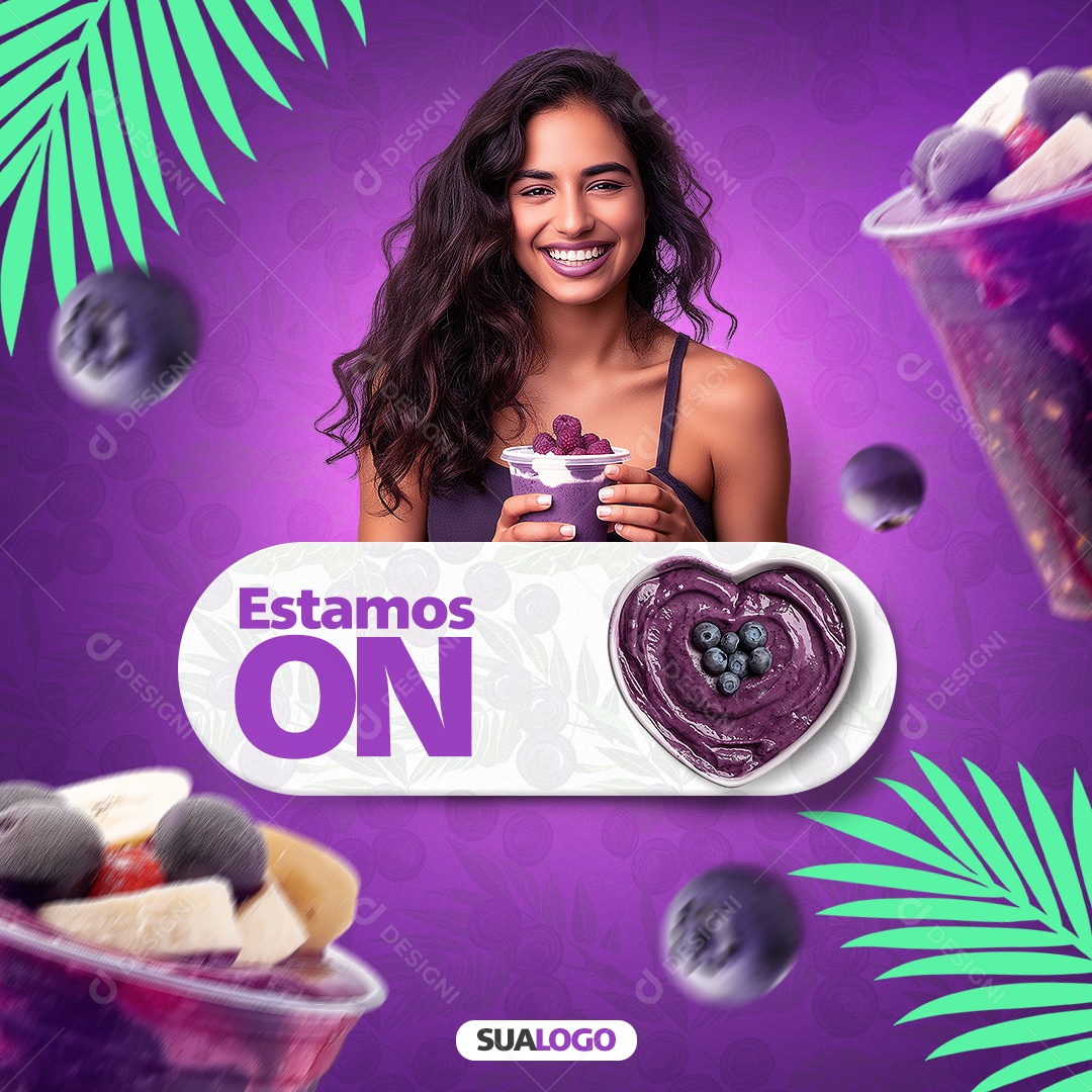 Social Media Açaiteria Estamos On PSD Editável