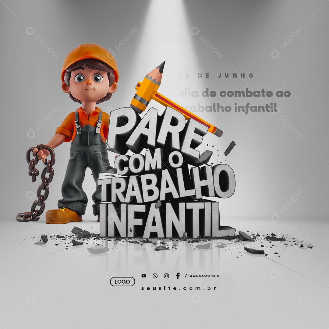 Dia de Combate ao Trabalho Infantil 12 de Junho Pare Com o Trabalho Social Media PSD Editável