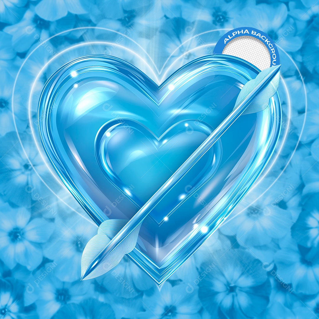 Coração com Flecha Elemento 3D Azul do Dia dos Namorados para Composição PSD